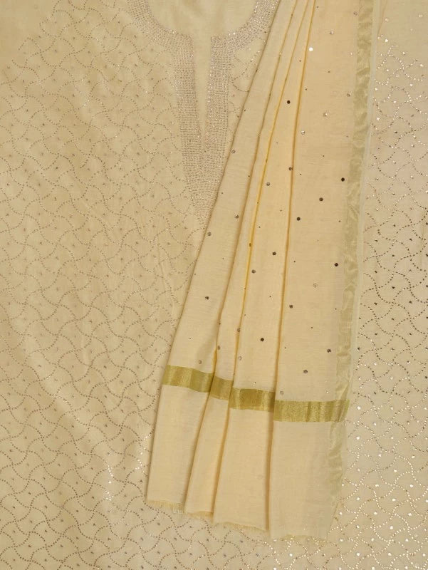 Ada Hand Embroidered Canary Lemon Chanderi Lucknowi Chikankari Unstitched Kurta Dupatta Set With Muqaish Work A578285