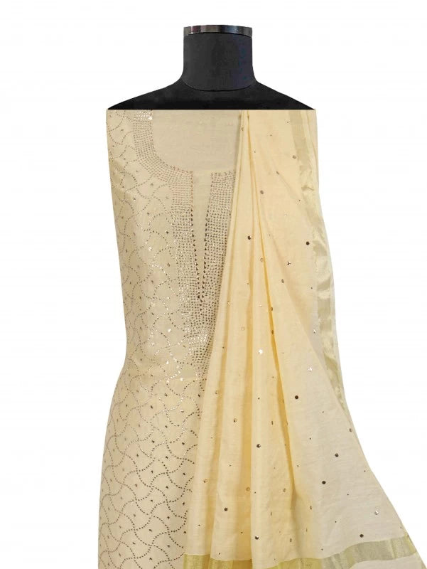 Ada Hand Embroidered Canary Lemon Chanderi Lucknowi Chikankari Unstitched Kurta Dupatta Set With Muqaish Work A578285