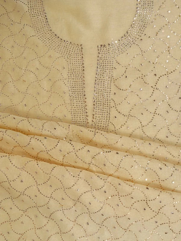 Ada Hand Embroidered Canary Lemon Chanderi Lucknowi Chikankari Unstitched Kurta Dupatta Set With Muqaish Work A578285