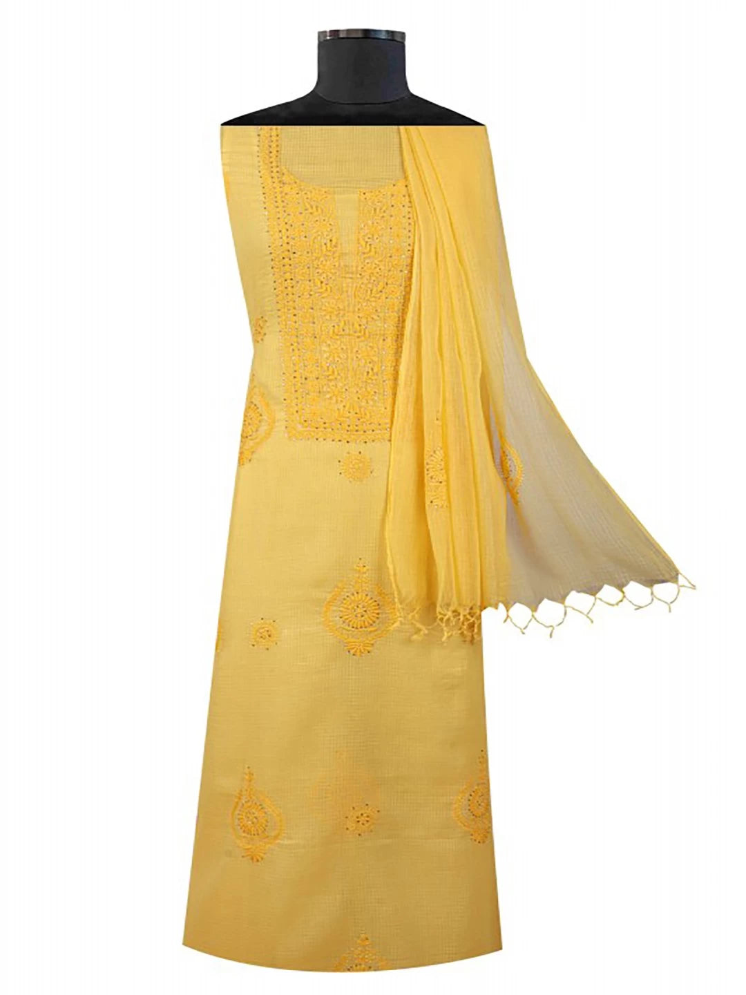 Ada Hand Embroidered Yellow Kota Lucknowi Chikankari Unstitched Kurta Dupatta Set With Muqaish Work 01A42887