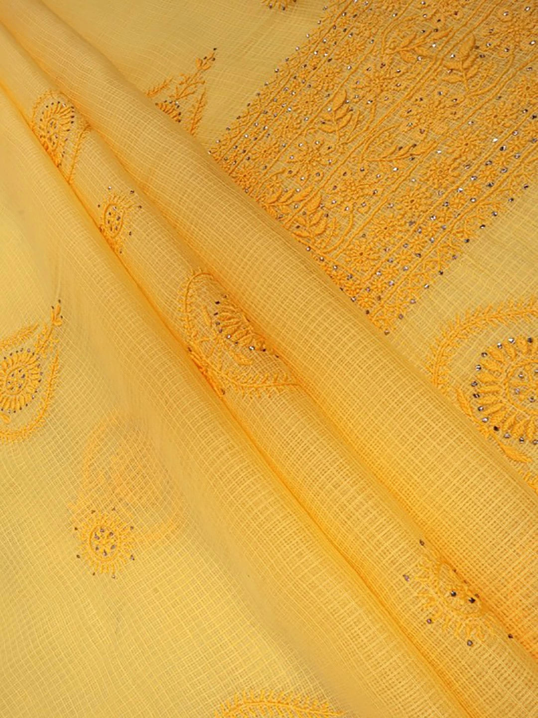 Ada Hand Embroidered Yellow Kota Lucknowi Chikankari Unstitched Kurta Dupatta Set With Muqaish Work 01A42887