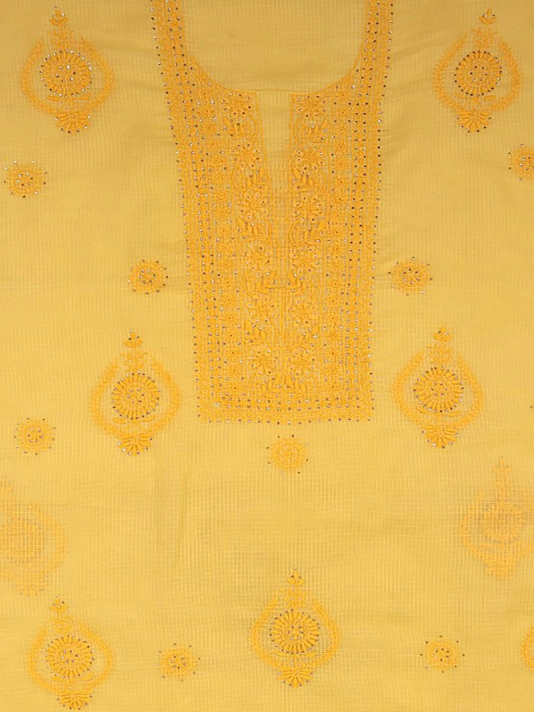 Ada Hand Embroidered Yellow Kota Lucknowi Chikankari Unstitched Kurta Dupatta Set With Muqaish Work 01A42887
