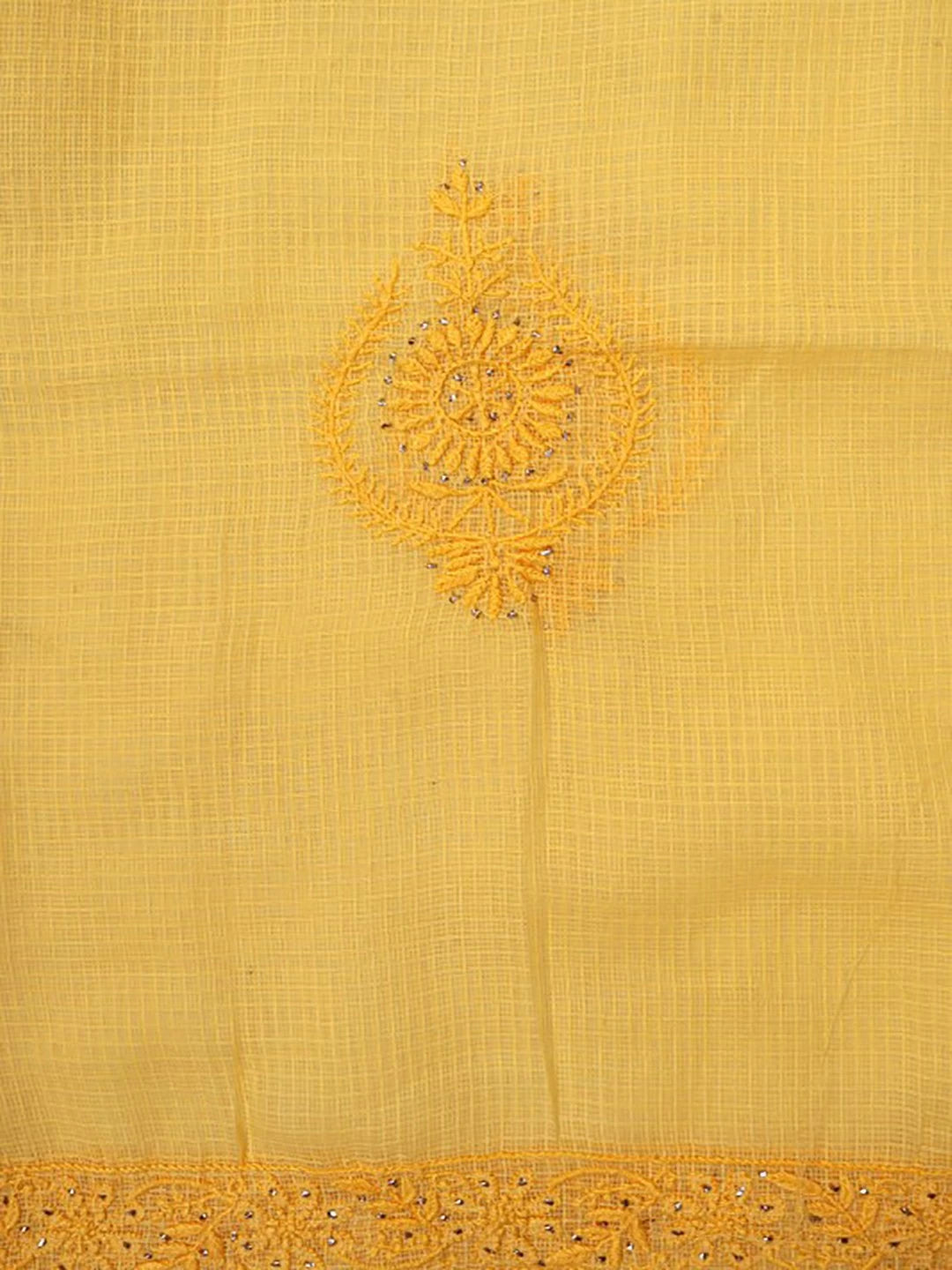 Ada Hand Embroidered Yellow Kota Lucknowi Chikankari Unstitched Kurta Dupatta Set With Muqaish Work 01A42887