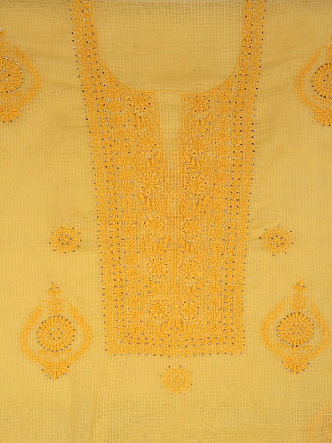 Ada Hand Embroidered Yellow Kota Lucknowi Chikankari Unstitched Kurta Dupatta Set With Muqaish Work 01A42887