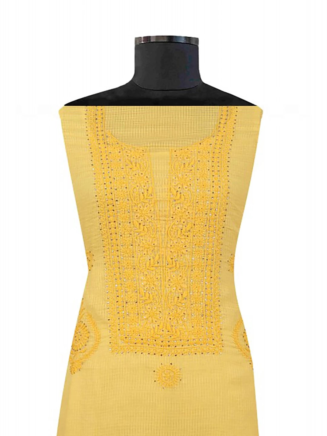 Ada Hand Embroidered Yellow Kota Lucknowi Chikankari Unstitched Kurta Dupatta Set With Muqaish Work 01A42887
