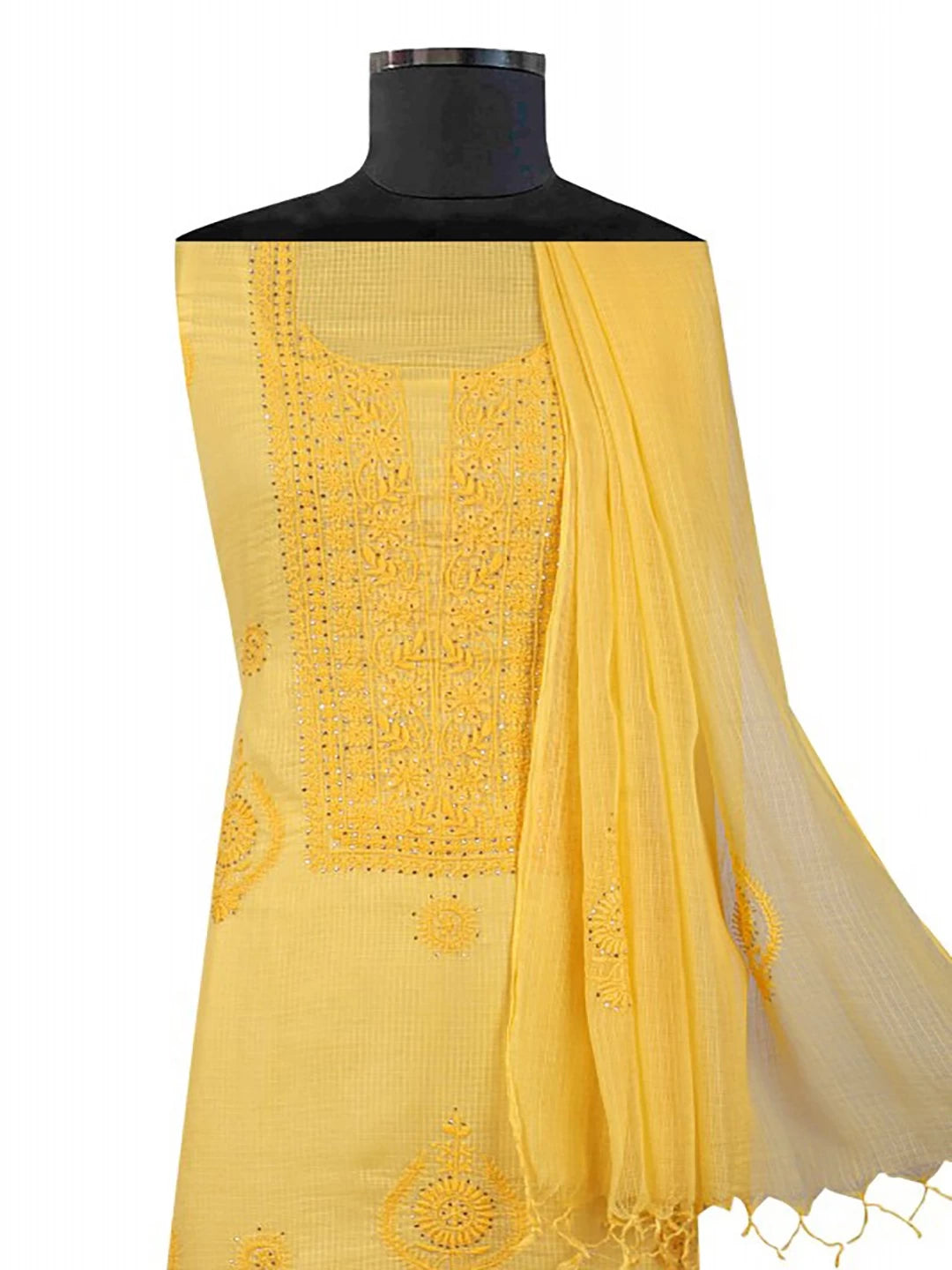 Ada Hand Embroidered Yellow Kota Lucknowi Chikankari Unstitched Kurta Dupatta Set With Muqaish Work 01A42887
