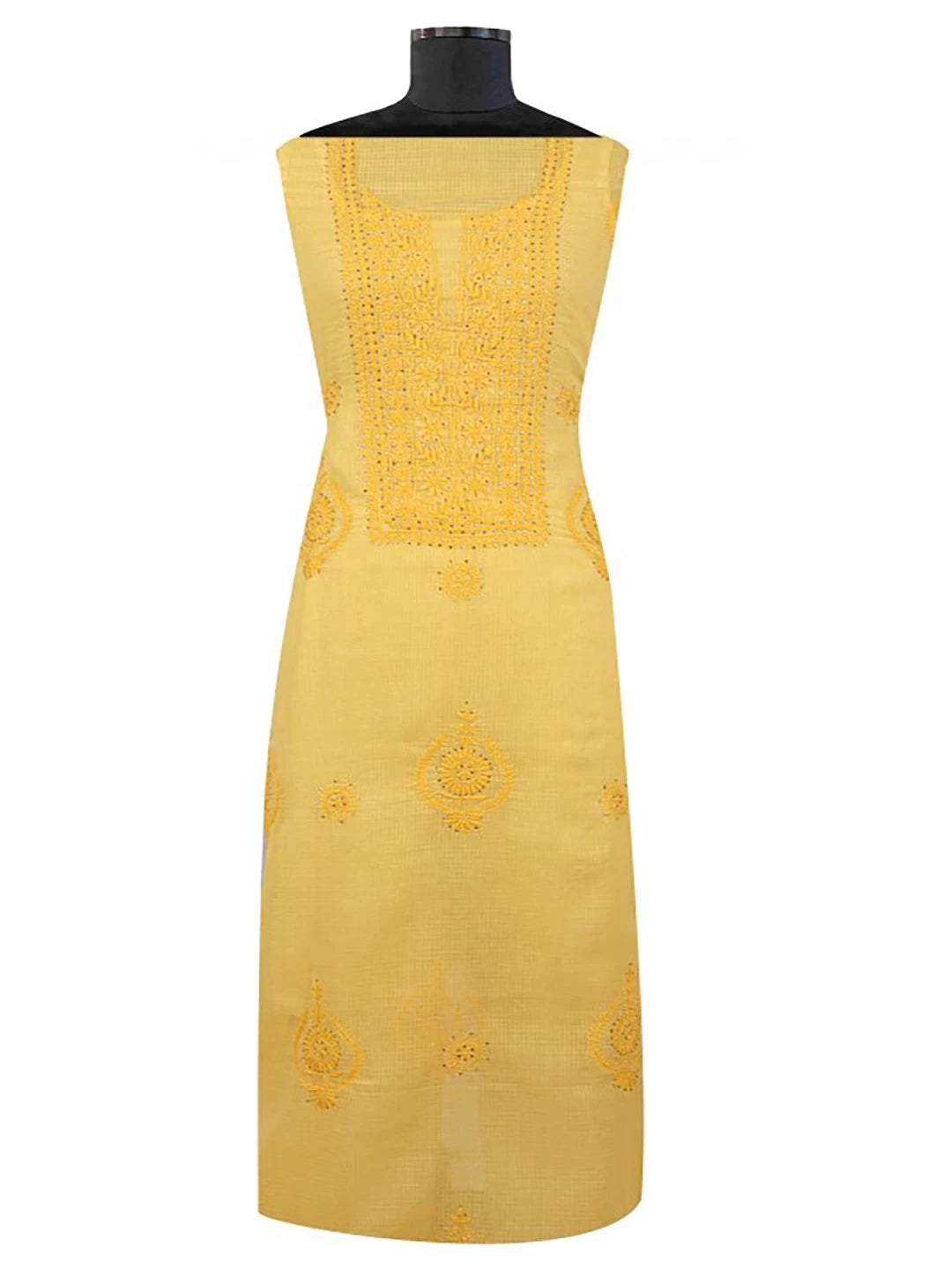 Ada Hand Embroidered Yellow Kota Lucknowi Chikankari Unstitched Kurta Dupatta Set With Muqaish Work 01A42887