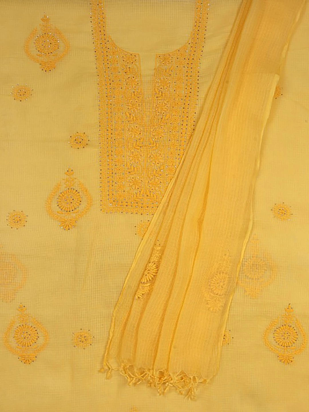 Ada Hand Embroidered Yellow Kota Lucknowi Chikankari Unstitched Kurta Dupatta Set With Muqaish Work 01A42887