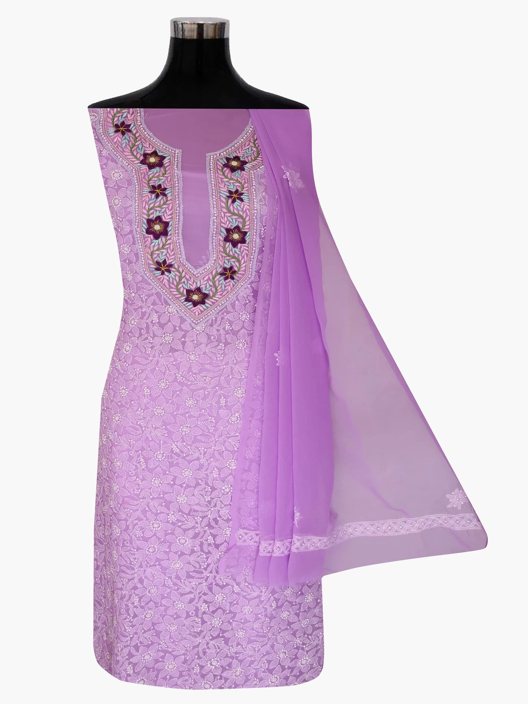 Ada Hand Embroidered Mauve Georgette Lucknowi Chikankari Unstitched Suit Piece With Parsi Work A211255