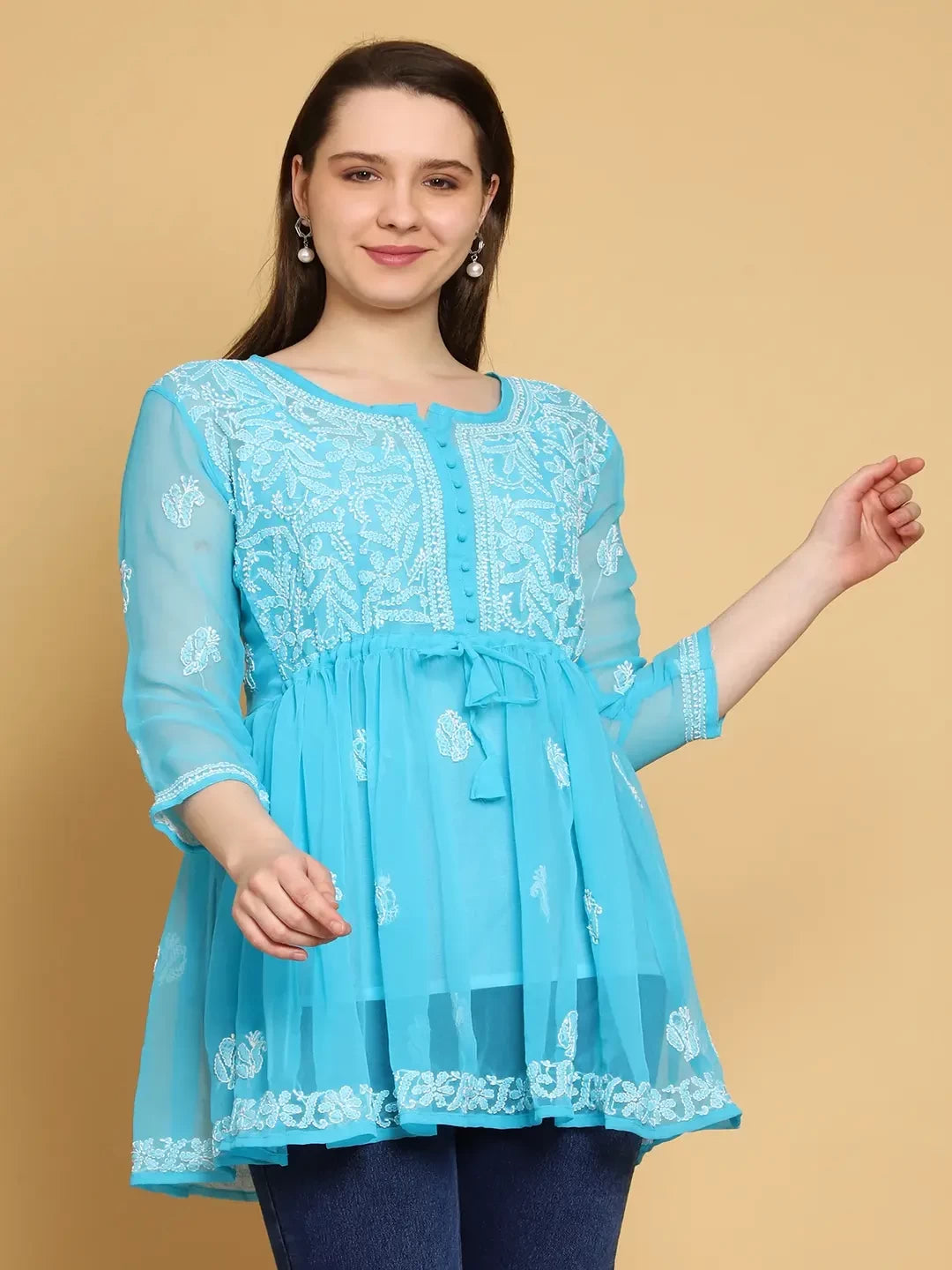 Ada Hand Embroidered Blue Georgette Lucknowi Chikankari Peplum Top A911319