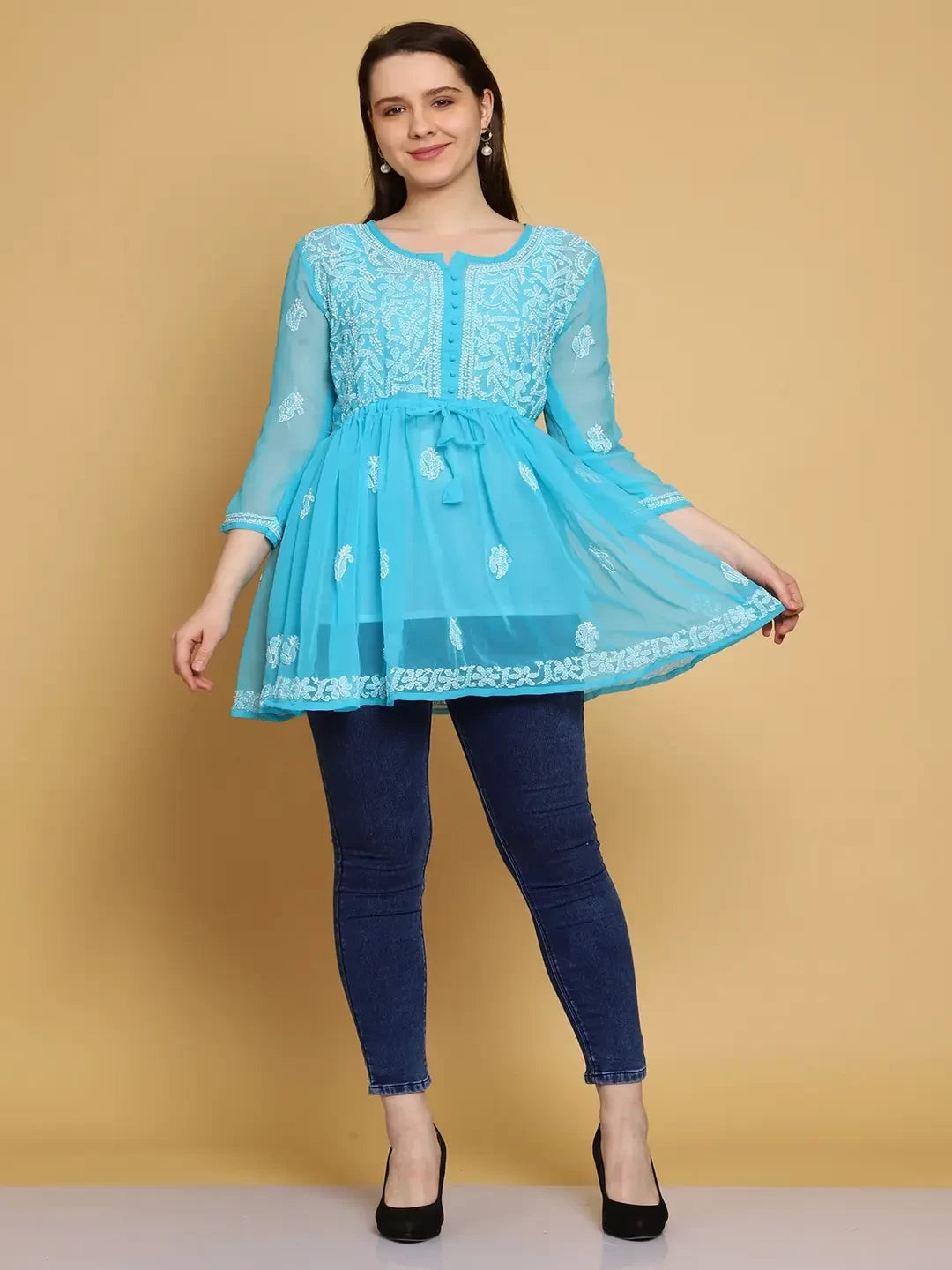 Ada Hand Embroidered Blue Georgette Lucknowi Chikankari Peplum Top A911319