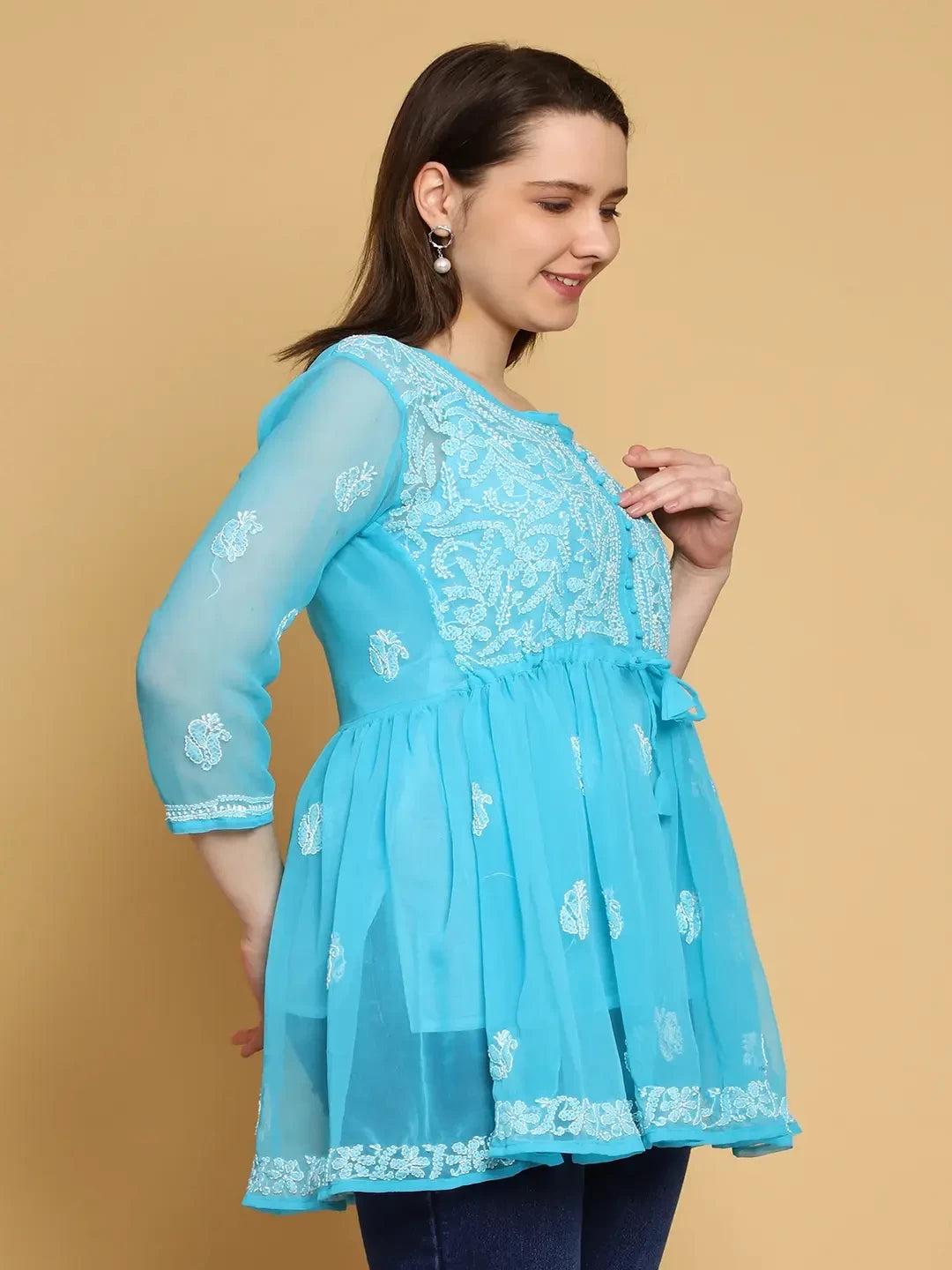 Ada Hand Embroidered Blue Georgette Lucknowi Chikankari Peplum Top A911319