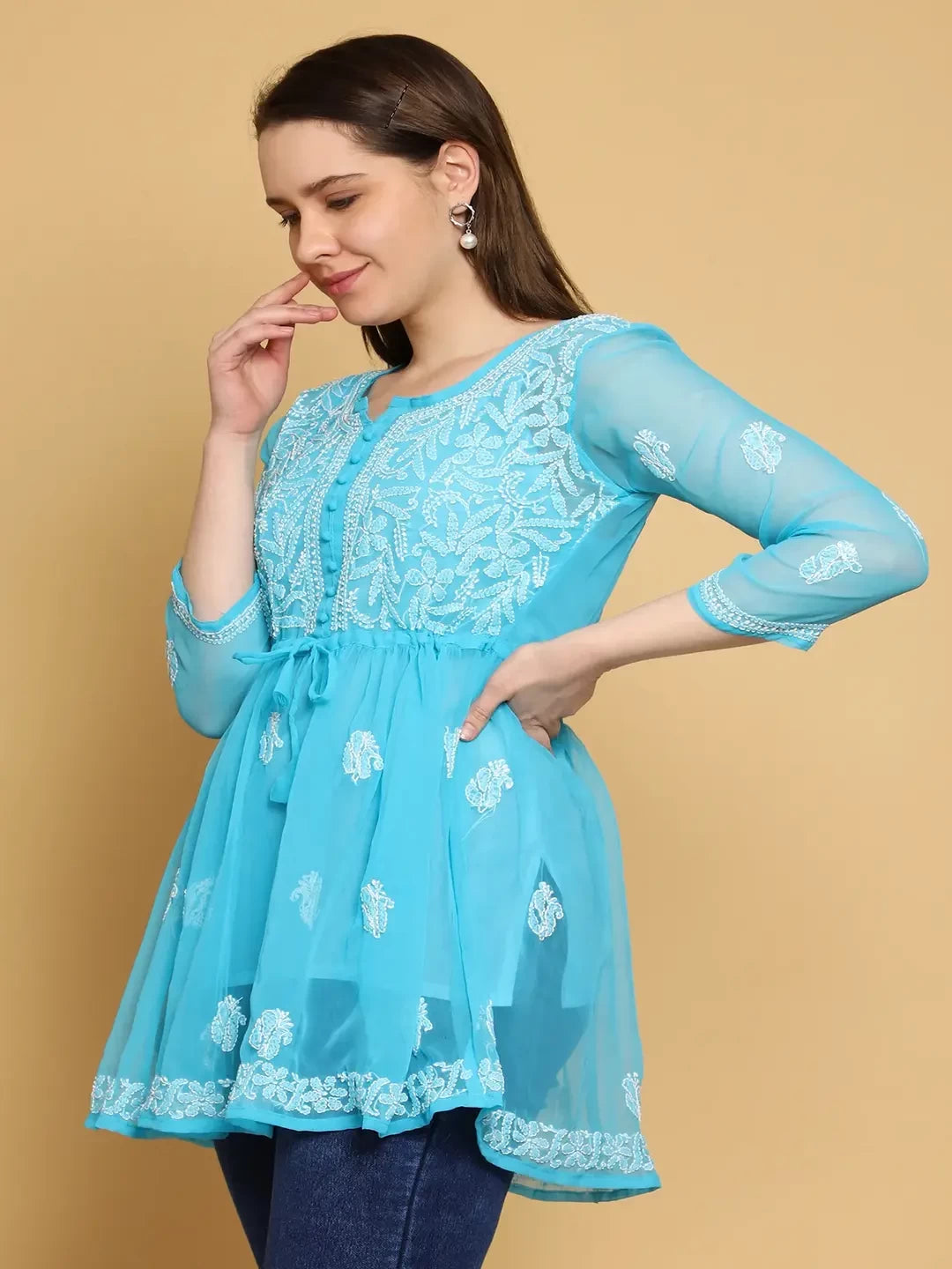 Ada Hand Embroidered Blue Georgette Lucknowi Chikankari Peplum Top A911319