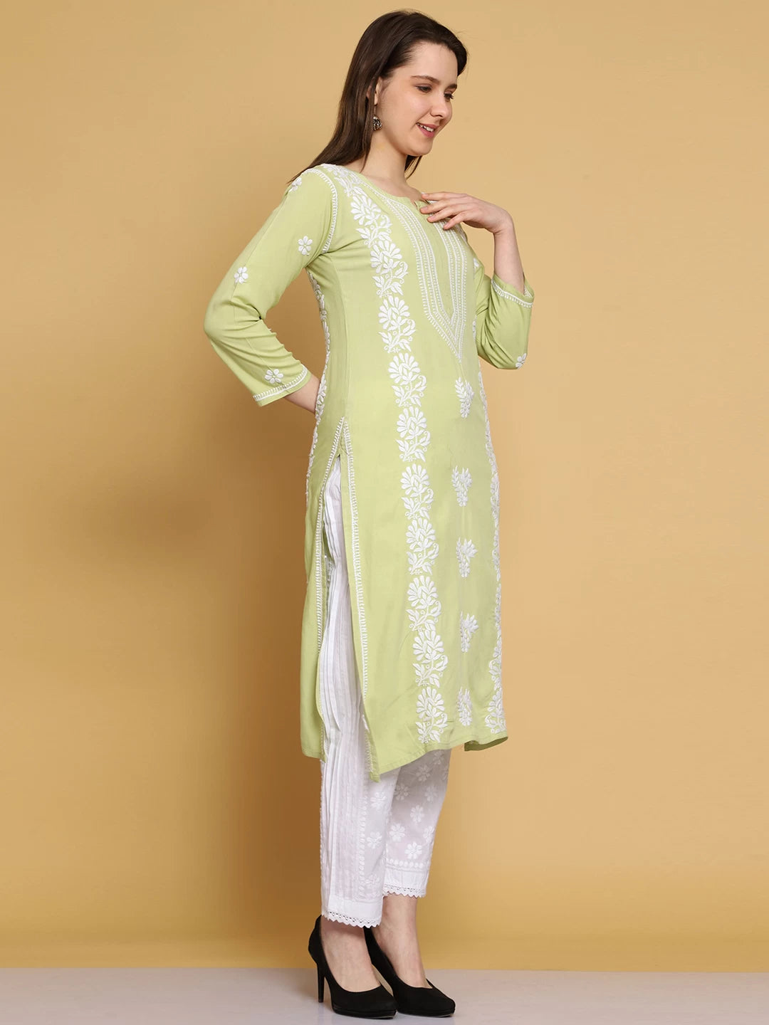 Ada Hand Embroidered Lime Green Modal Lucknowi Chikankari Straight Kurta A411463