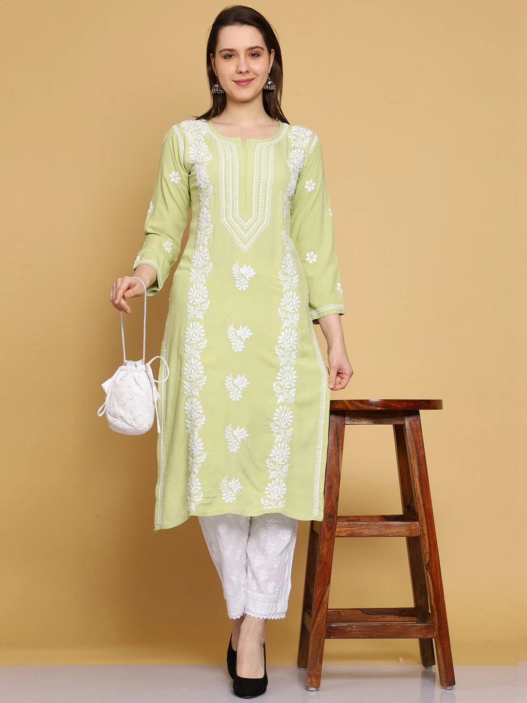 Ada Hand Embroidered Lime Green Modal Lucknowi Chikankari Straight Kurta A411463