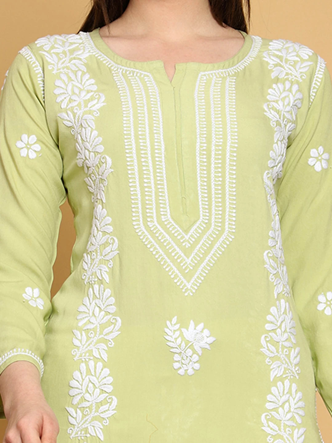 Ada Hand Embroidered Lime Green Modal Lucknowi Chikankari Straight Kurta A411463