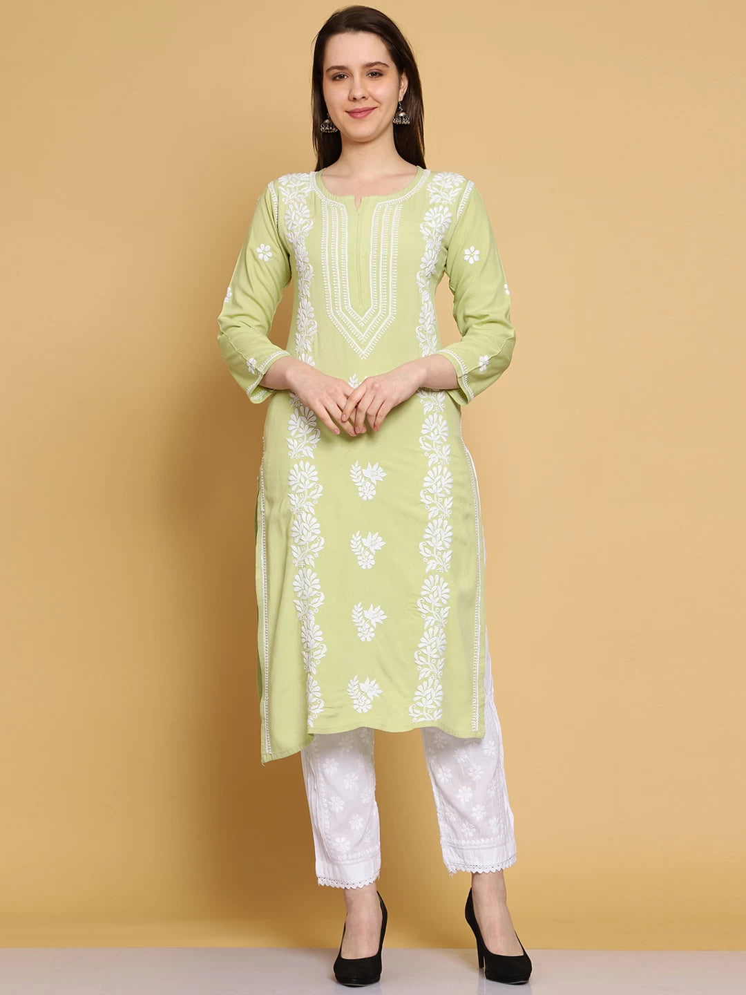 Ada Hand Embroidered Lime Green Modal Lucknowi Chikankari Straight Kurta A411463