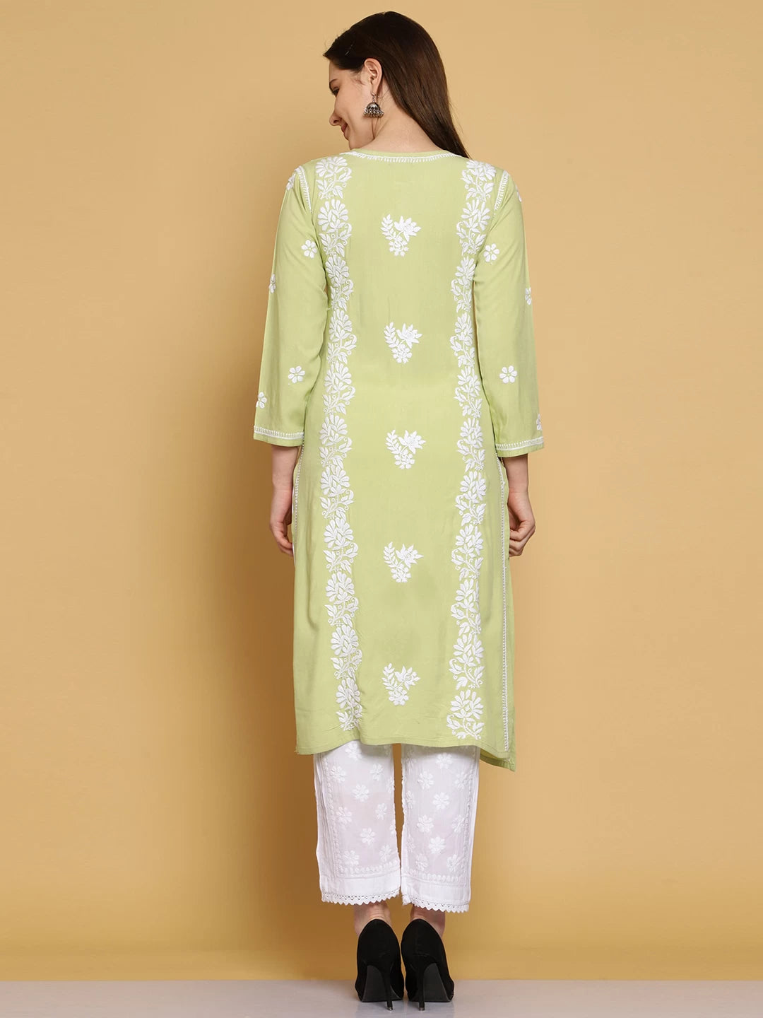 Ada Hand Embroidered Lime Green Modal Lucknowi Chikankari Straight Kurta A411463