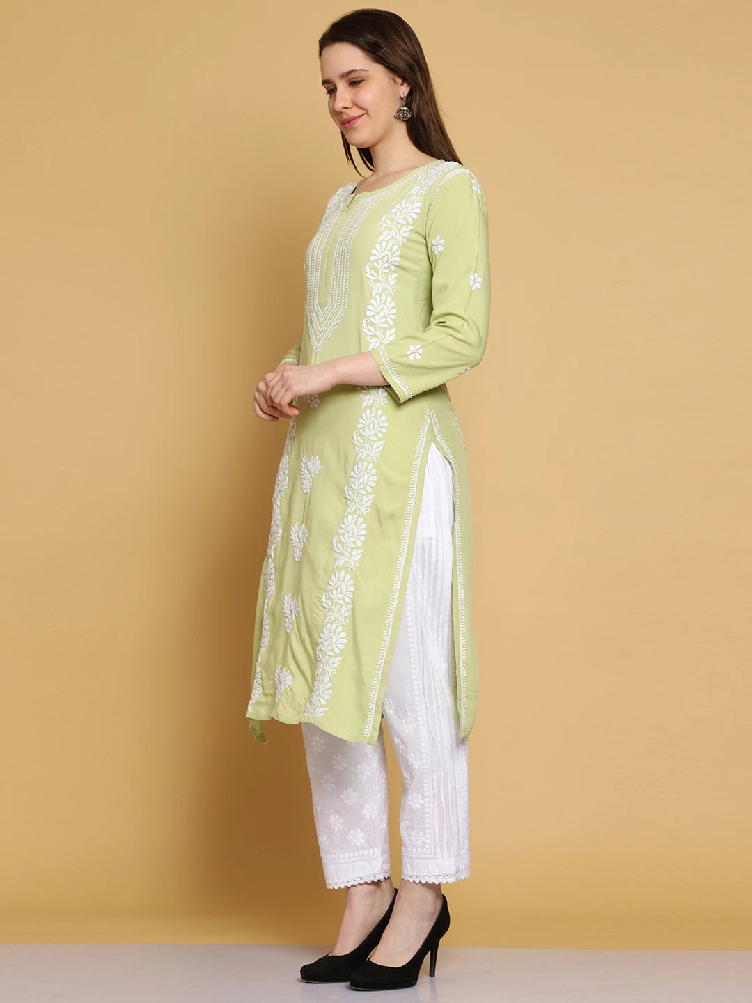 Ada Hand Embroidered Lime Green Modal Lucknowi Chikankari Straight Kurta A411463