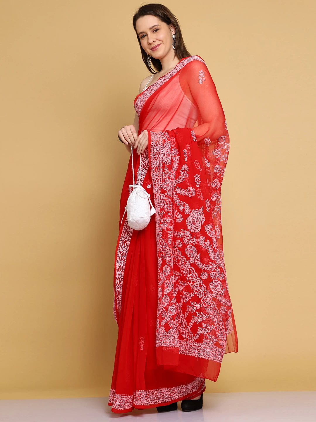 Ada Hand Embroidered Red Georgette Lucknowi Chikankari Saree With Blouse A130218