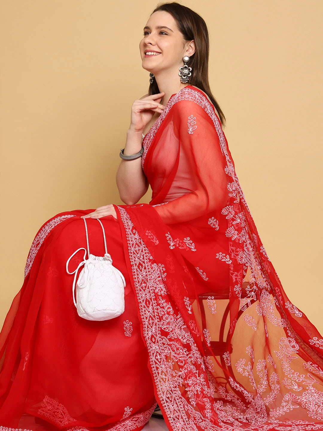 Ada Hand Embroidered Red Georgette Lucknowi Chikankari Saree With Blouse A130218