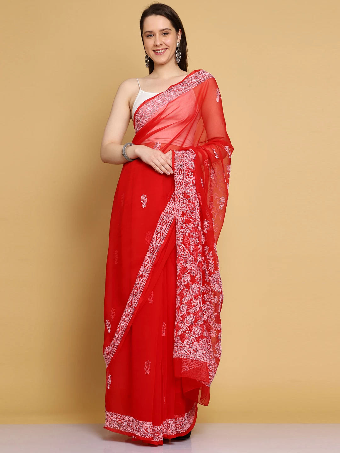 Ada Hand Embroidered Red Georgette Lucknowi Chikankari Saree With Blouse A130218