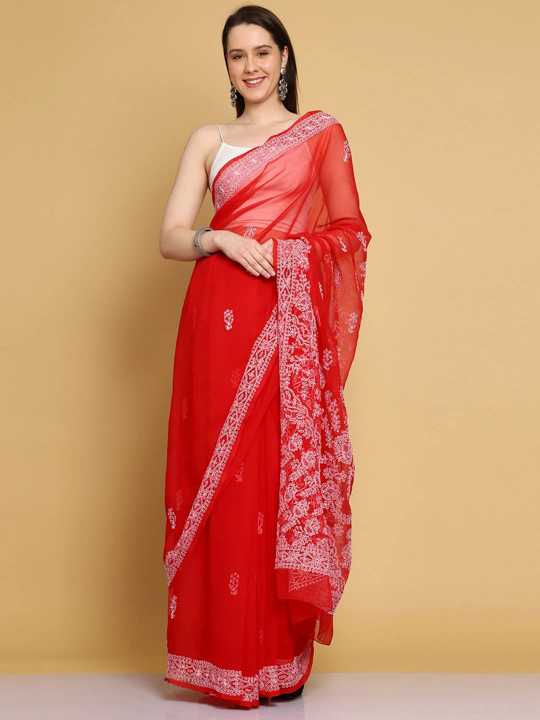 Ada Hand Embroidered Red Georgette Lucknowi Chikankari Saree With Blouse A130218