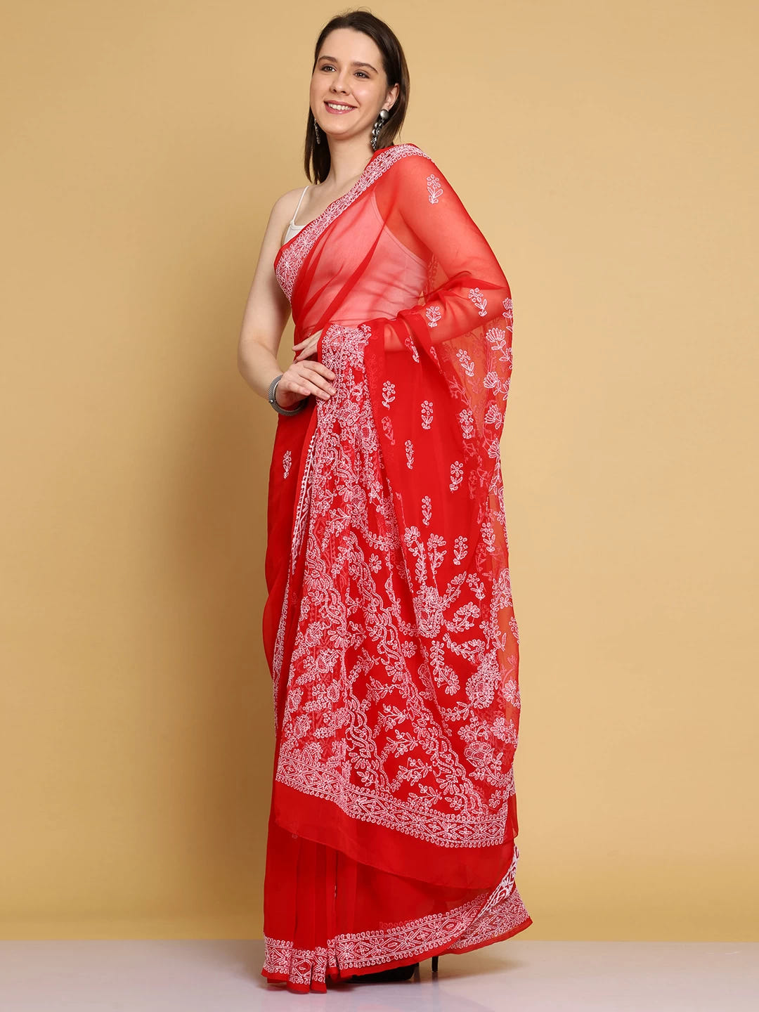 Ada Hand Embroidered Red Georgette Lucknowi Chikankari Saree With Blouse A130218