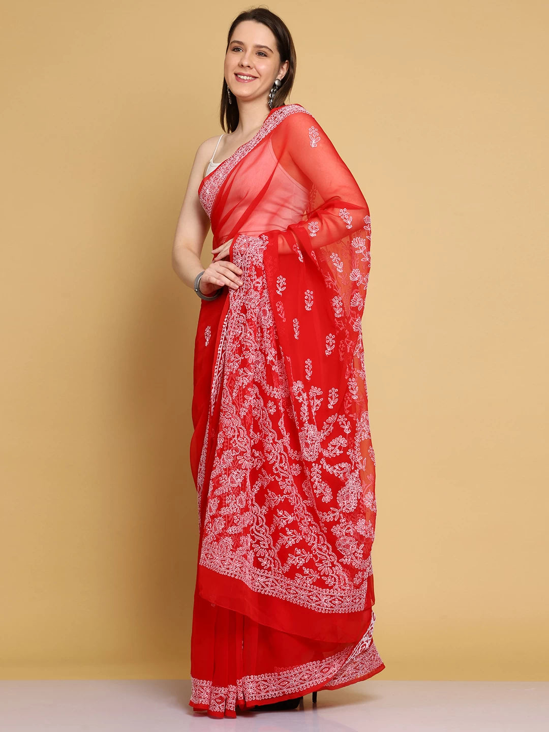 Ada Hand Embroidered Red Georgette Lucknowi Chikankari Saree With Blouse A130218