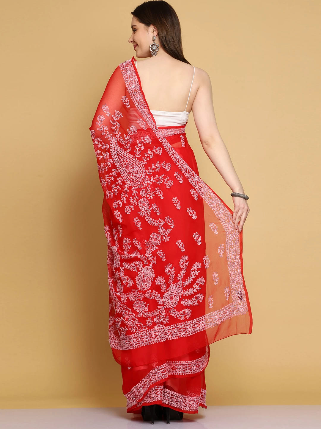 Ada Hand Embroidered Red Georgette Lucknowi Chikankari Saree With Blouse A130218