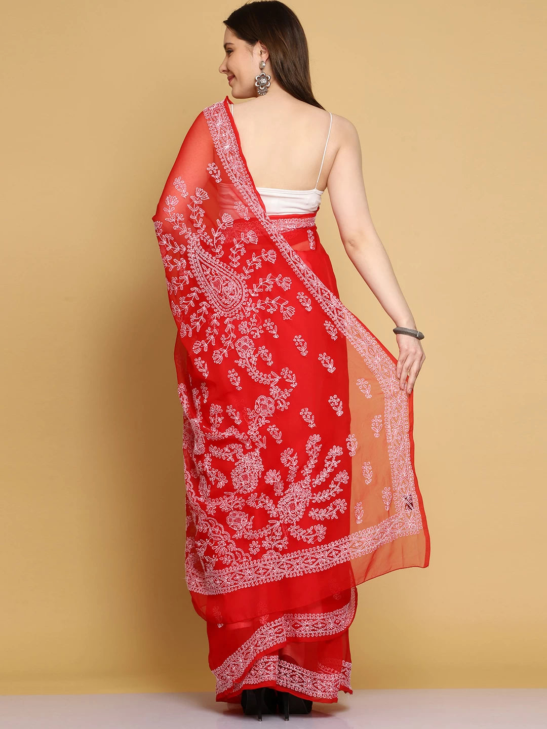 Ada Hand Embroidered Red Georgette Lucknowi Chikankari Saree With Blouse A130218