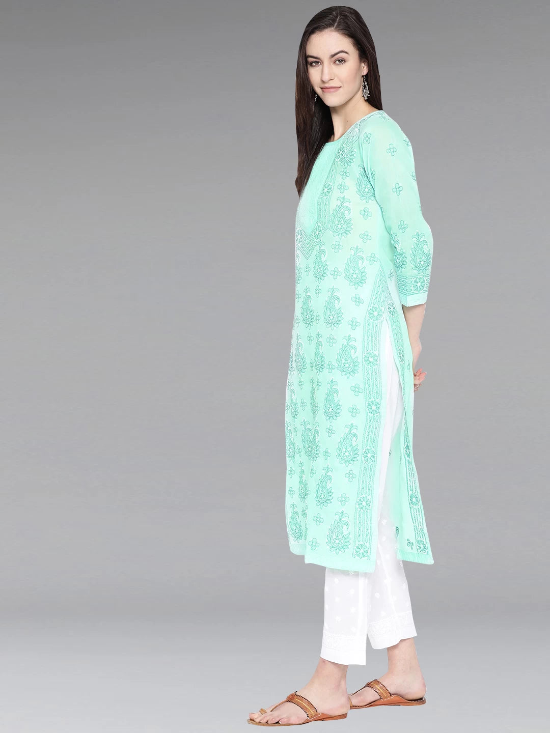 Ada Hand Embroidered Sea Green Cotton Lucknowi Chikankari Straight Kurta  A233848