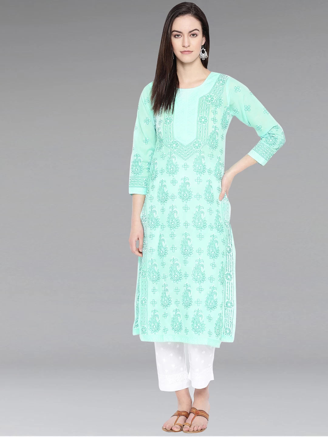 Ada Hand Embroidered Sea Green Cotton Lucknowi Chikankari Straight Kurta  A233848