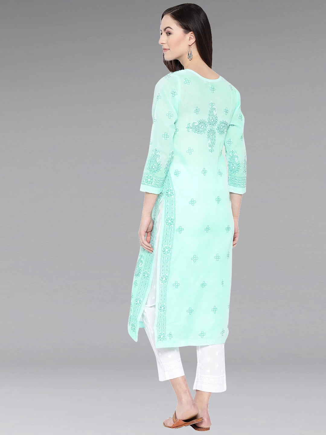 Ada Hand Embroidered Sea Green Cotton Lucknowi Chikankari Straight Kurta  A233848