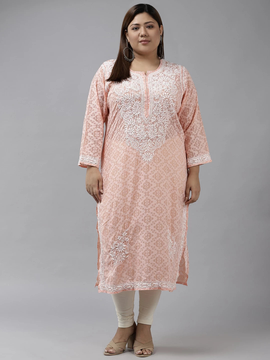 Ada Hand Embroidered Peach Cotton Lucknowi Chikankari Straight Kurta A100105