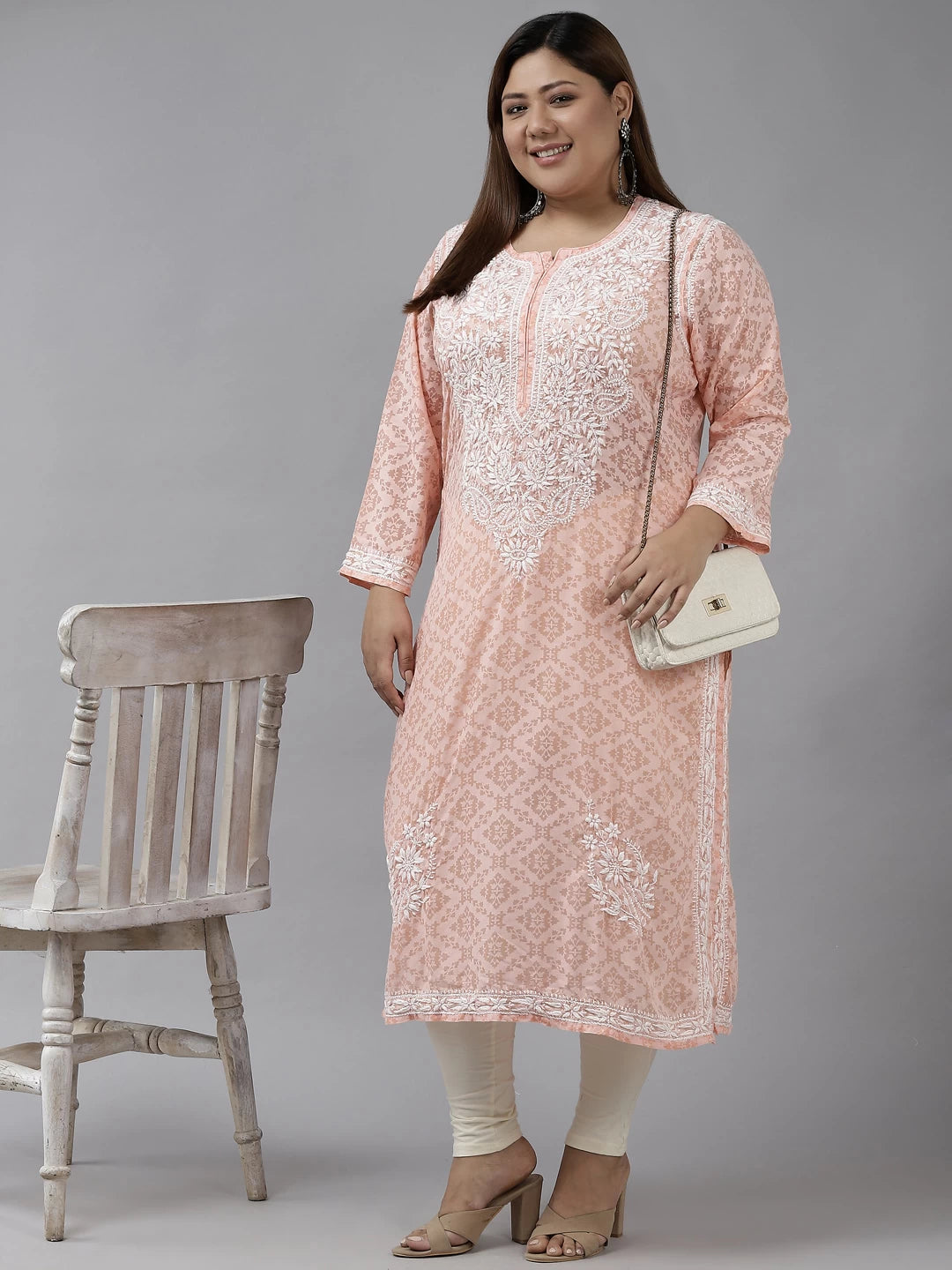 Ada Hand Embroidered Peach Cotton Lucknowi Chikankari Straight Kurta A100105