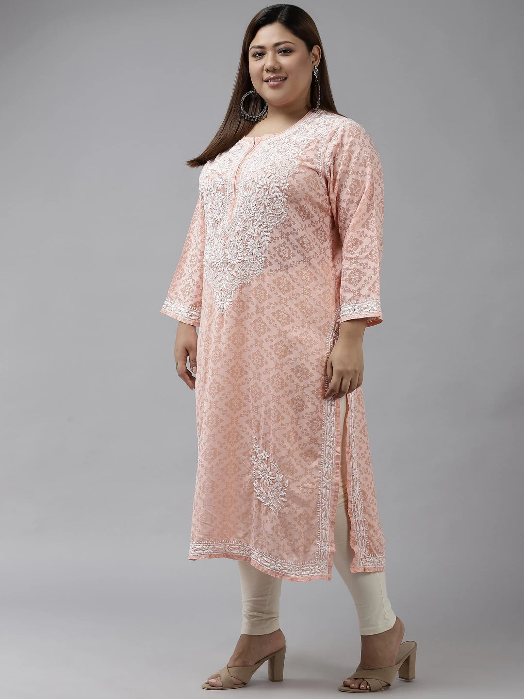 Ada Hand Embroidered Peach Cotton Lucknowi Chikankari Straight Kurta A100105