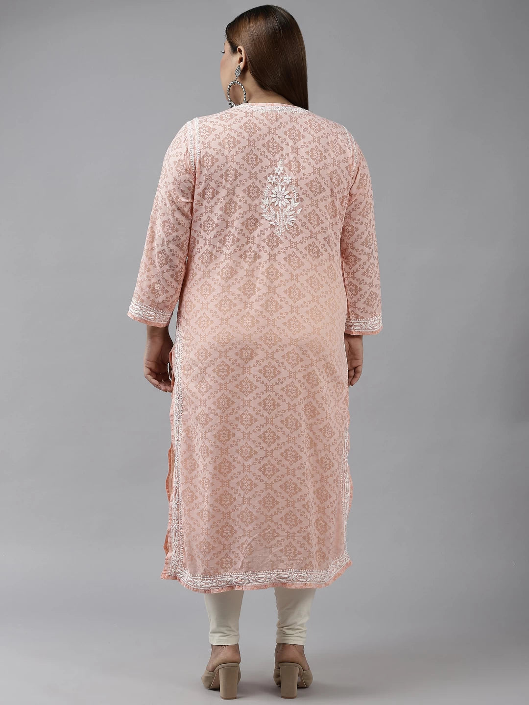 Ada Hand Embroidered Peach Cotton Lucknowi Chikankari Straight Kurta A100105
