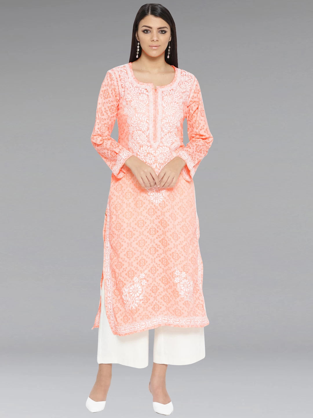 Ada Hand Embroidered Peach Cotton Lucknowi Chikankari Straight Kurta A100105