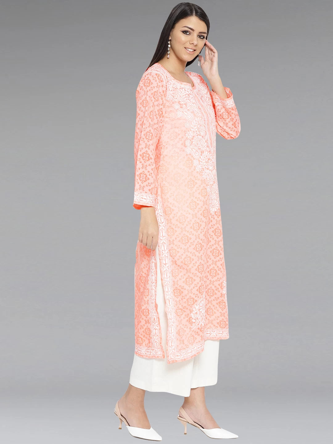 Ada Hand Embroidered Peach Cotton Lucknowi Chikankari Straight Kurta A100105