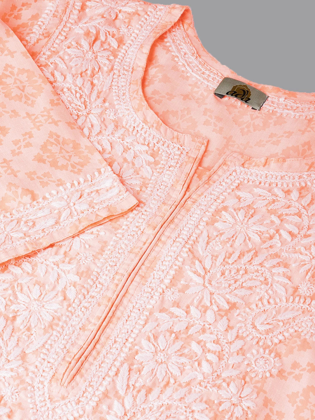 Ada Hand Embroidered Peach Cotton Lucknowi Chikankari Straight Kurta A100105