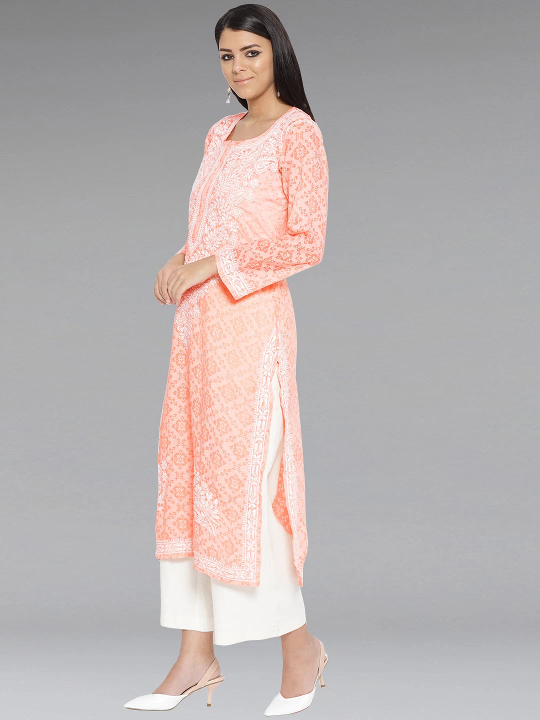 Ada Hand Embroidered Peach Cotton Lucknowi Chikankari Straight Kurta A100105