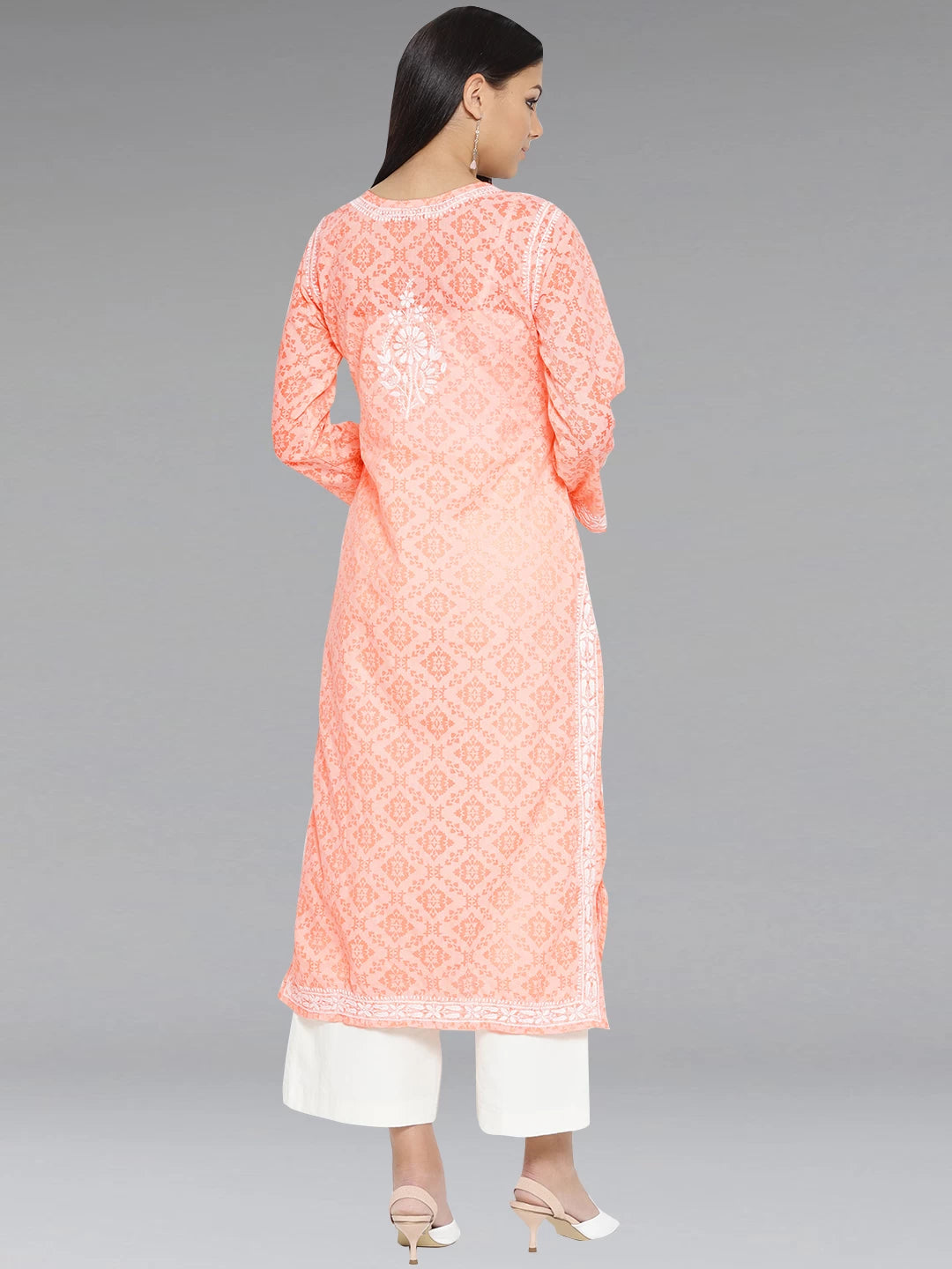 Ada Hand Embroidered Peach Cotton Lucknowi Chikankari Straight Kurta A100105