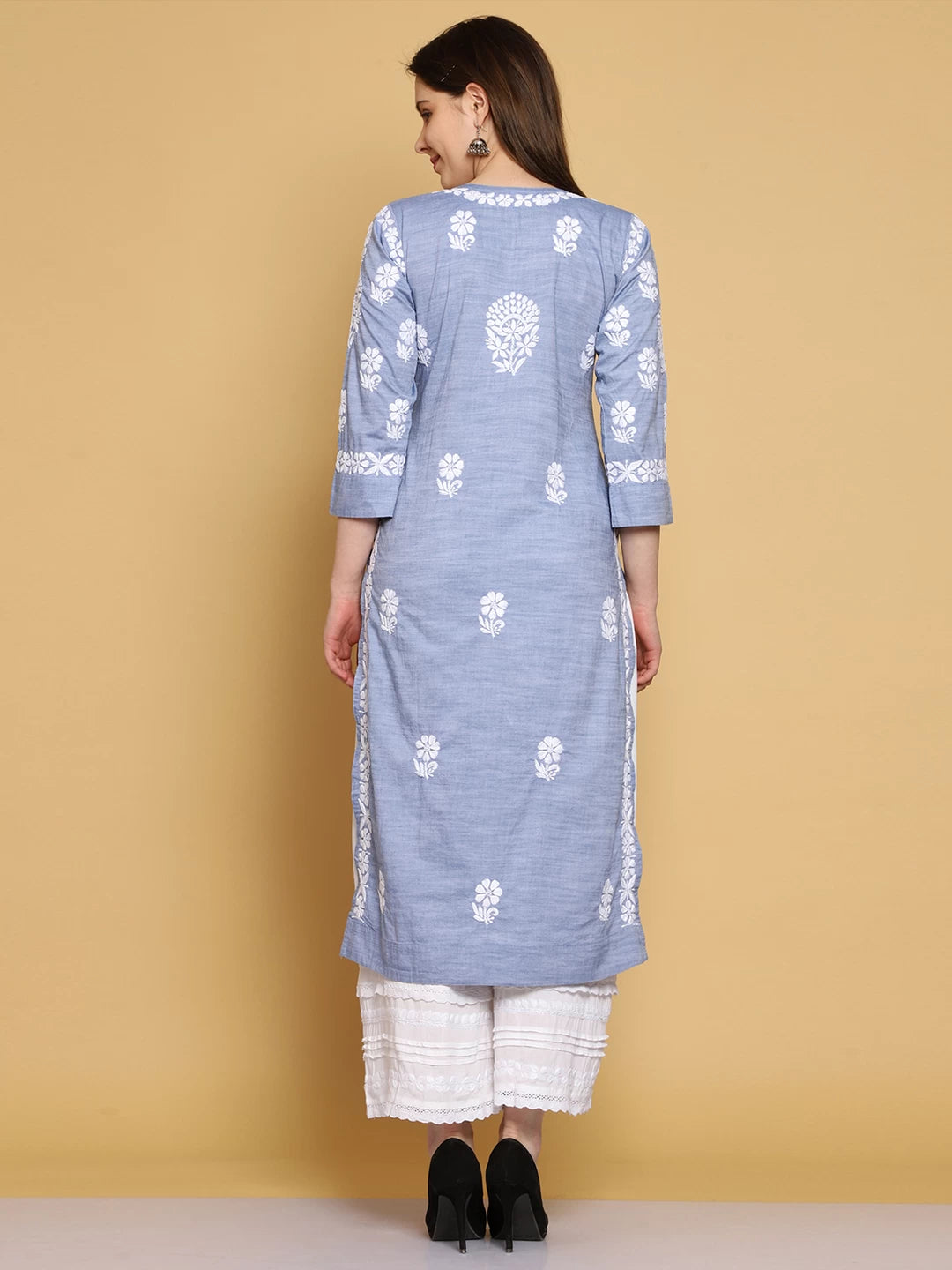 Ada Hand Embroidered Denim Blue Cotton Lucknowi Chikankari Straight Kurta A411465