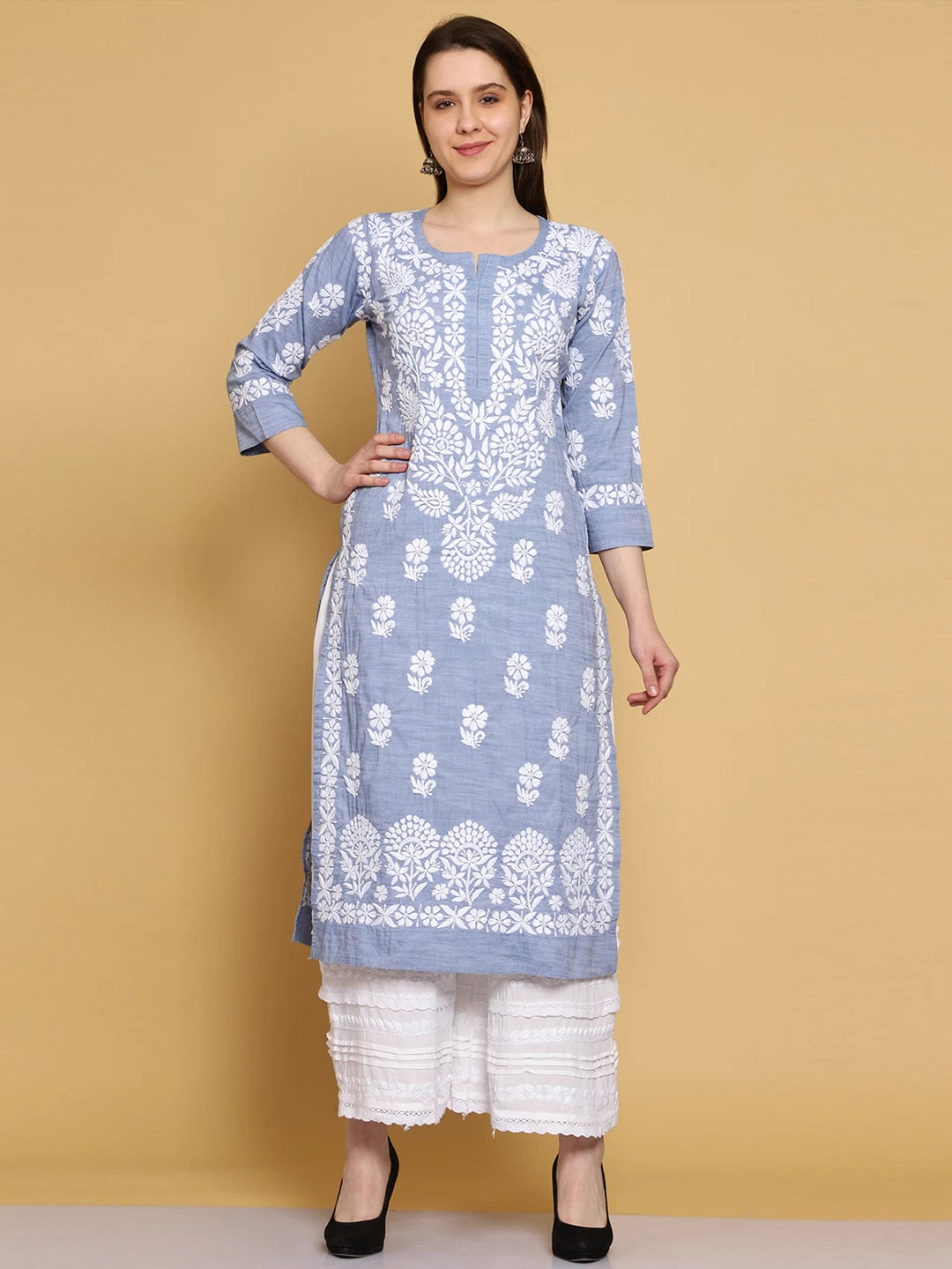 Ada Hand Embroidered Denim Blue Cotton Lucknowi Chikankari Straight Kurta A411465