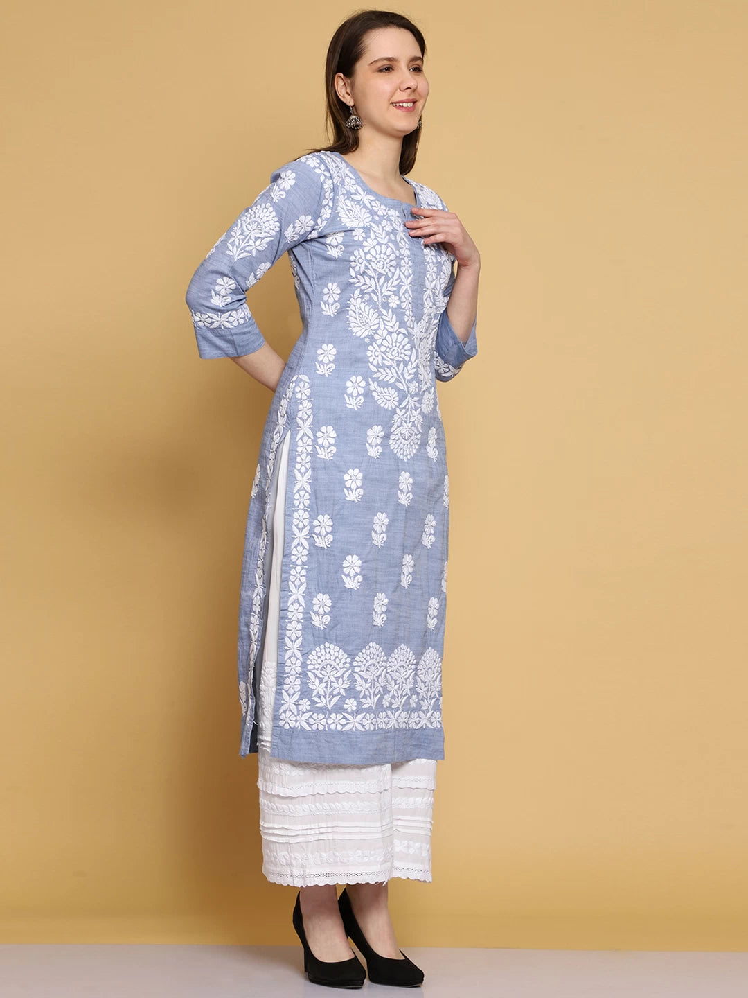 Ada Hand Embroidered Denim Blue Cotton Lucknowi Chikankari Straight Kurta A411465