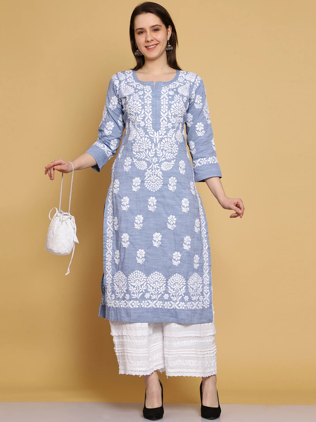Ada Hand Embroidered Denim Blue Cotton Lucknowi Chikankari Straight Kurta A411465