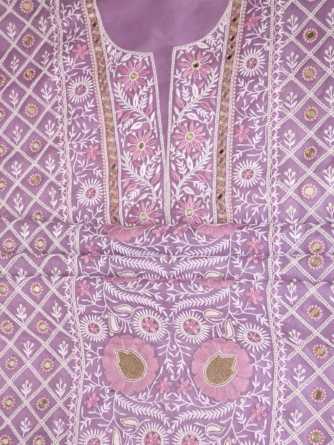 Ada Hand Embroidered Lavender Organza Lucknowi Chikankari Unstitched Kurta Dupatta Set With Pearl Work 01A358458