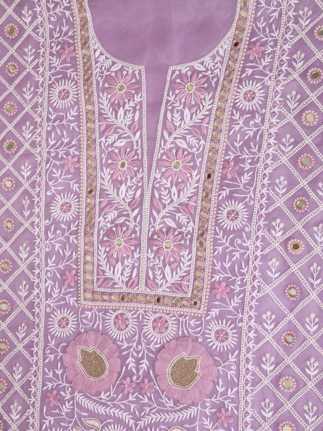Ada Hand Embroidered Lavender Organza Lucknowi Chikankari Unstitched Kurta Dupatta Set With Pearl Work 01A358458