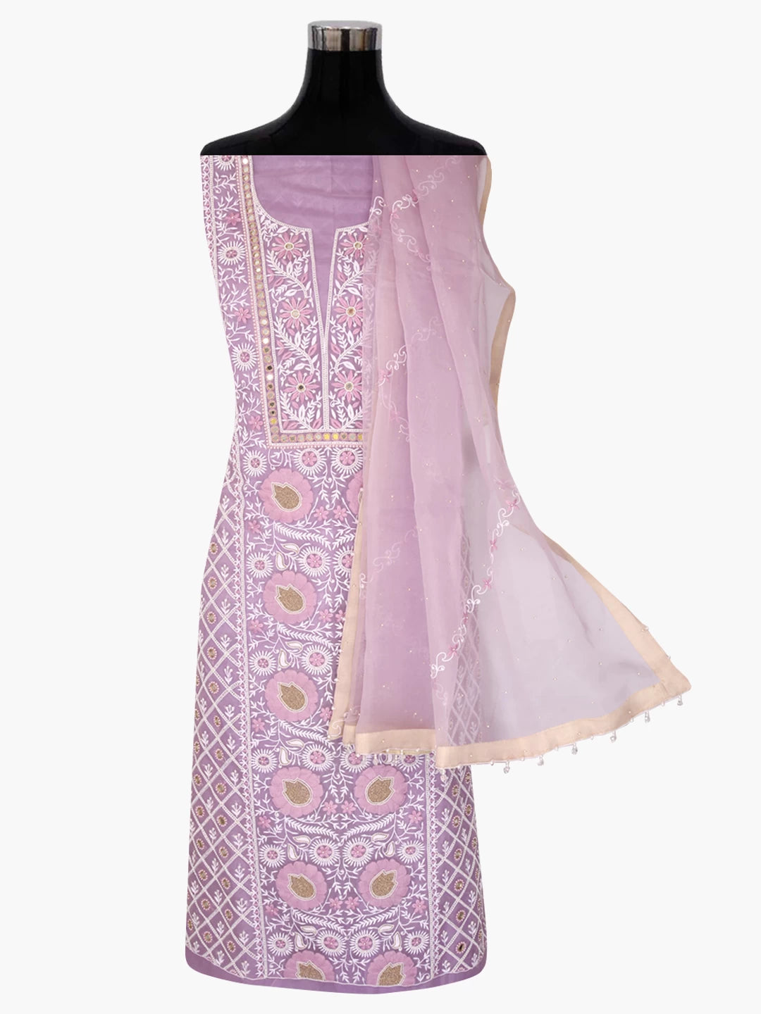 Ada Hand Embroidered Lavender Organza Lucknowi Chikankari Unstitched Kurta Dupatta Set With Pearl Work 01A358458